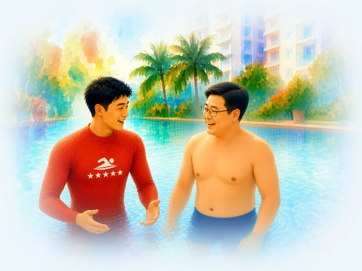 Watercolour illustration of a swim coach in a red Swimming Lessons SG rash guard teaching an adult beginner in a condo pool