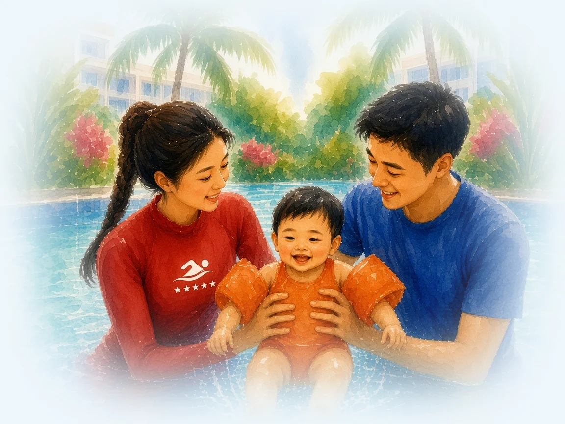 Watercolour illustration of a mother and father holding a smiling baby in arm floats in a condo pool