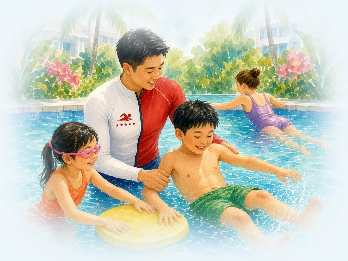Watercolour illustration of a swim coach in a red Swimming Lessons SG rash guard teaching children in a condo pool