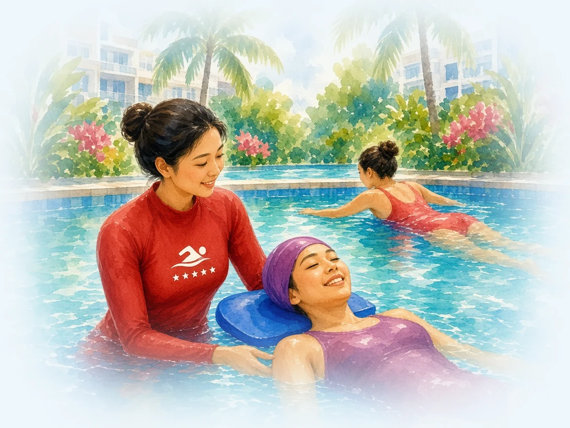 Watercolour illustration of a female swim coach in a red Swimming Lessons SG rash guard helping a woman float with a kickboard