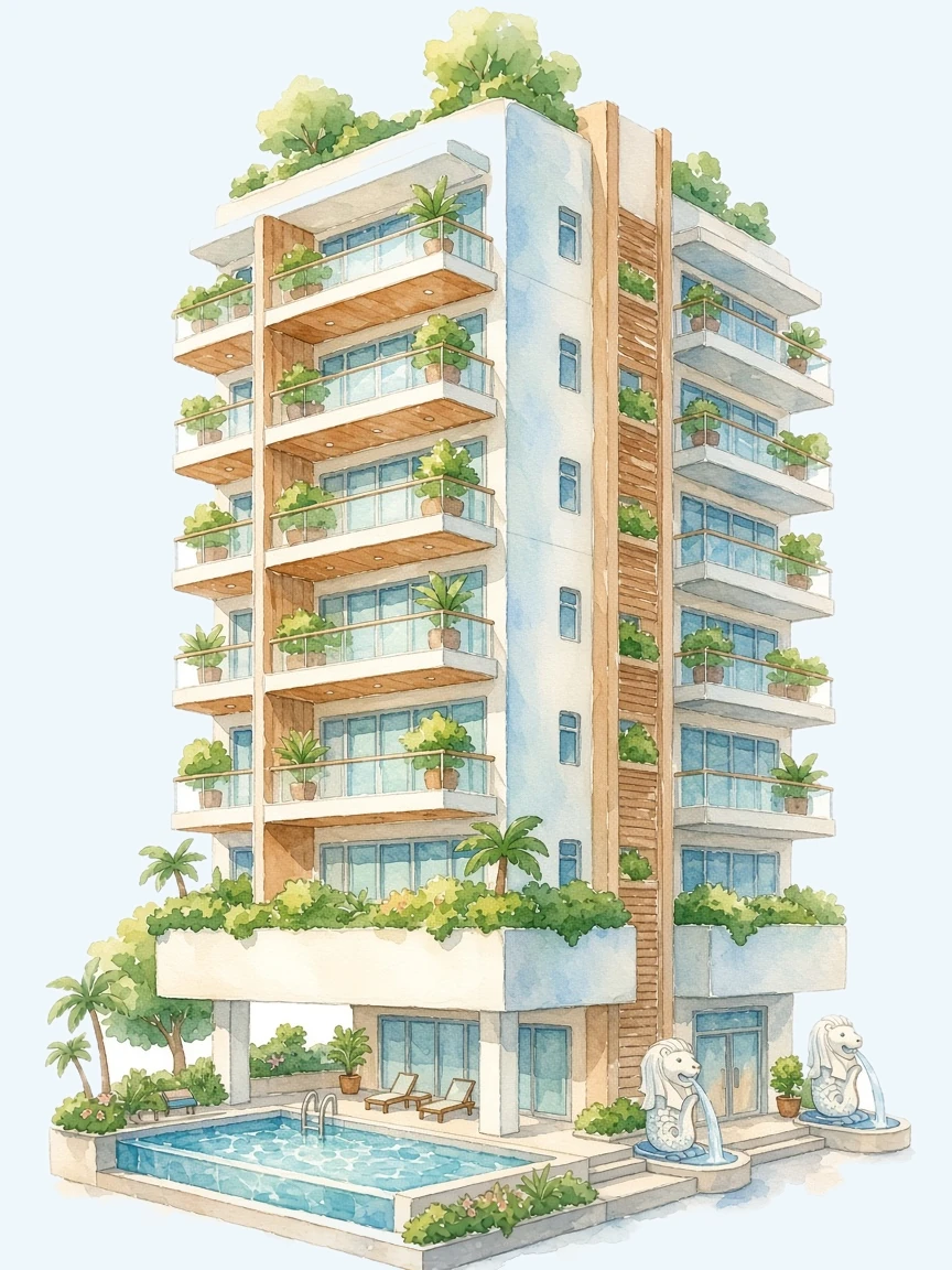Watercolour illustration of a Singapore condominium tower with a swimming pool and Merlion fountains