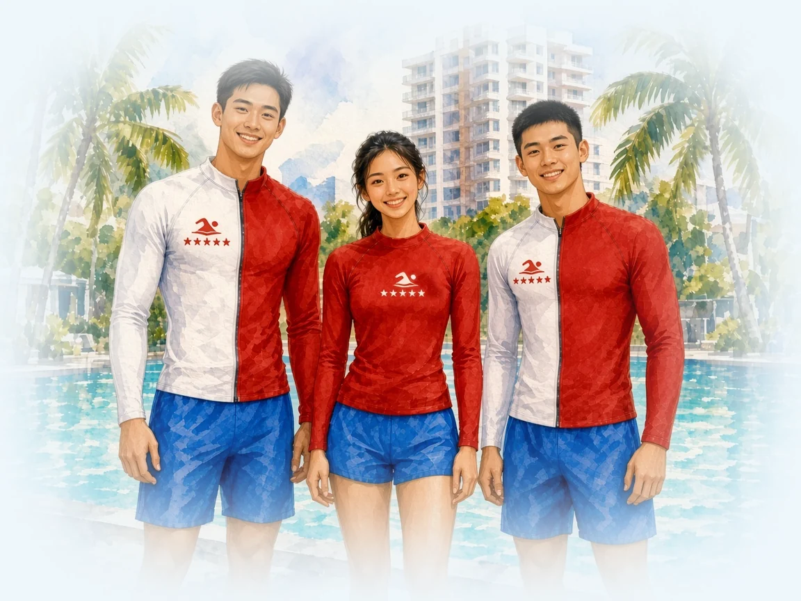 Swimming coaches team band Watercolour illustration of three Swimming Lessons SG coaches in red and white rash guards standing by a condo pool