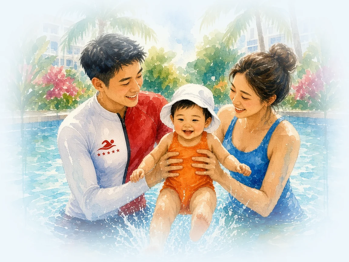 Watercolour illustration of a swim coach in a red Swimming Lessons SG rash guard and a mother holding a toddler in a sun hat in a condo pool